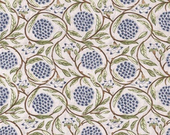 May include: A repeating pattern featuring stylized blue berry clusters within brown vine-like circles, surrounded by green leaves and small white flowers, set against a cream-colored background. The design has a vintage, botanical aesthetic.