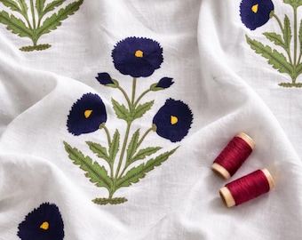 Mooie blauwe klaproos bloem handblok bedrukt 100% katoenen stof op maat gesneden, Indiase stof, kussenhoesstof, stof voor gordijnen