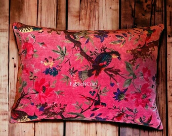 Dark pink OFMD breakup robe fabric Bohemian style cotton velvet birds design cushion pillow cover