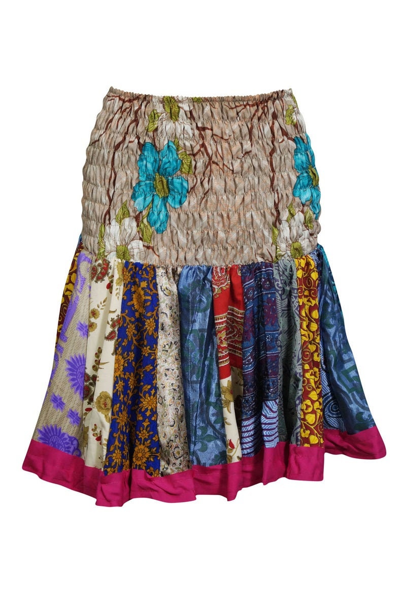 Effortless Colorful Silky Printed Boho Chic Mini Flirty Free Size Skirts Full Flare Ruched Waist Summer Style Flowy Short Skirts For Womens