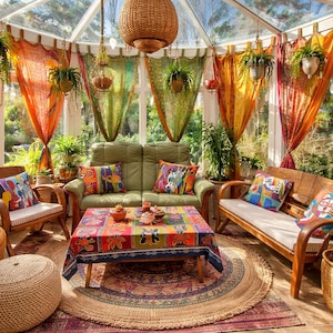 May include: A sunroom with colorful curtains, a green sofa, wooden furniture, and a patterned coffee table. Decorative plants hang from the ceiling and sit in baskets. The room has a bohemian style.