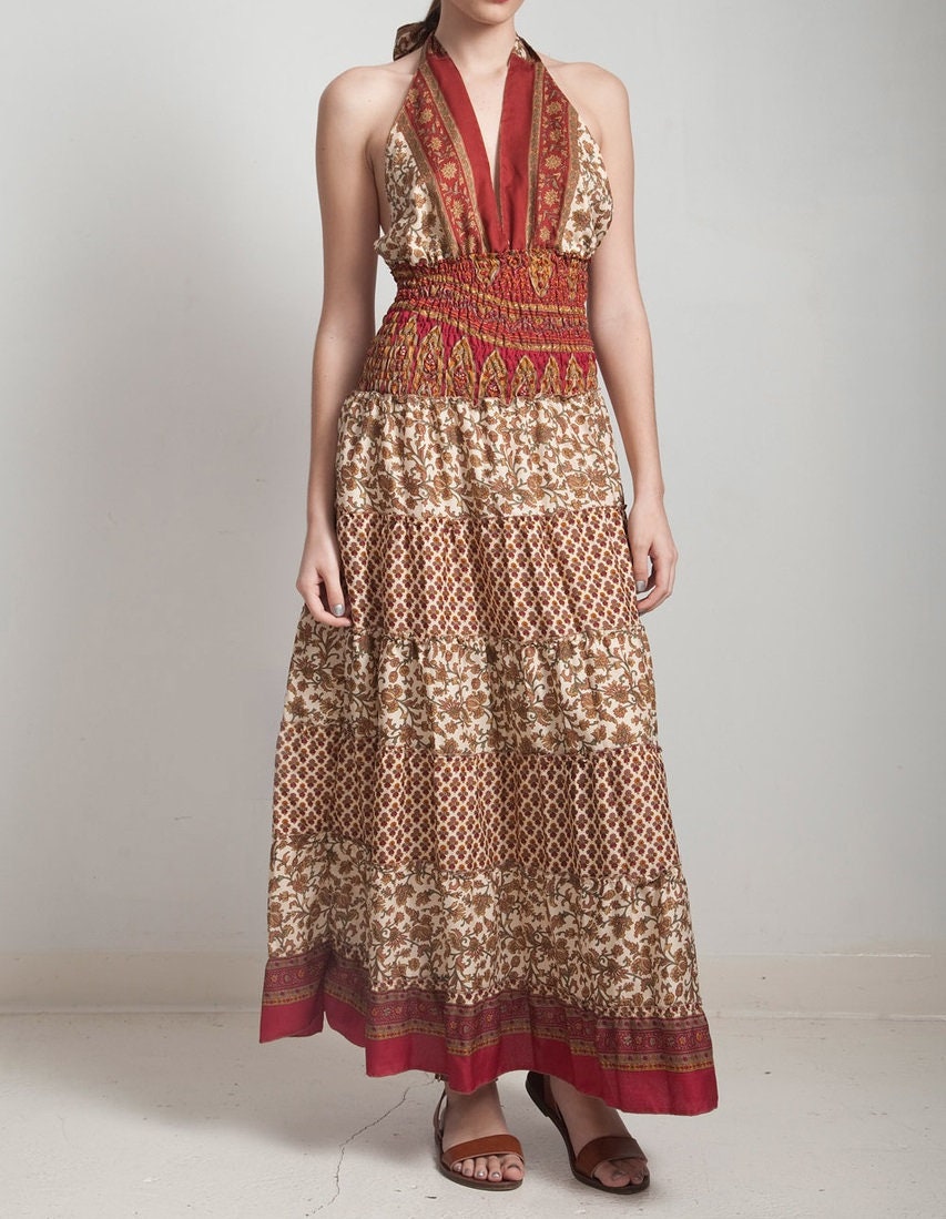 Indian Vintage Bohemian Silk Sari Halter Tiered Maxi Dress | Etsy