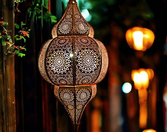Moroccan Pendant Ceiling Light Oriental Lantern Hanging Metal Lamp (Red) 20x10 Size Home Decor,Party,Anniversary, Golden Lantern Lamp