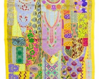 Indian Heavy Embroidered Wall Hanging Vintage Handmade Patchwork Tapestry Pure Cotton Decorative Tapestries 60" x 40"