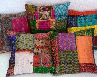 Multi Kantha Decorative Throw Pillow Set, Indian Sari Silk Cushion Cover, Vintage Handmade Pillow, Ethnic Pillow, Boho Pillow, Accent Pillow