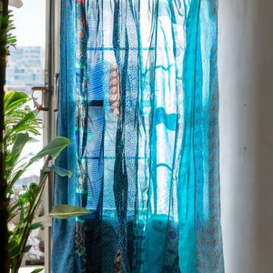 EXPRESS SERVICE of Indian Vintage Old Silk Sari Fabric Made Theme Patchwork color Curtain Door Window Curtain Home Room Door Window Curtain Turquoise