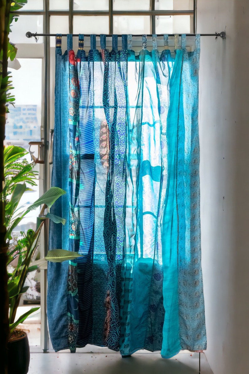 EXPRESS SERVICE of Indian Vintage Old Silk Sari Fabric Made Theme Patchwork color Curtain Door Window Curtain Home Room Door Window Curtain Turquoise