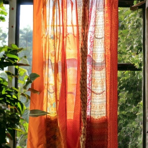 EXPRESS SERVICE of Indian Vintage Old Silk Sari Fabric Made Theme Patchwork color Curtain Door Window Curtain Home Room Door Window Curtain Orange