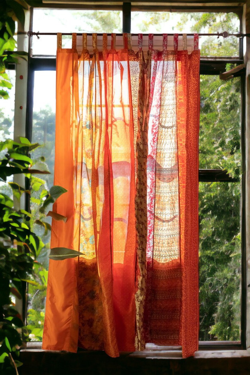 EXPRESS SERVICE of Indian Vintage Old Silk Sari Fabric Made Theme Patchwork color Curtain Door Window Curtain Home Room Door Window Curtain Orange