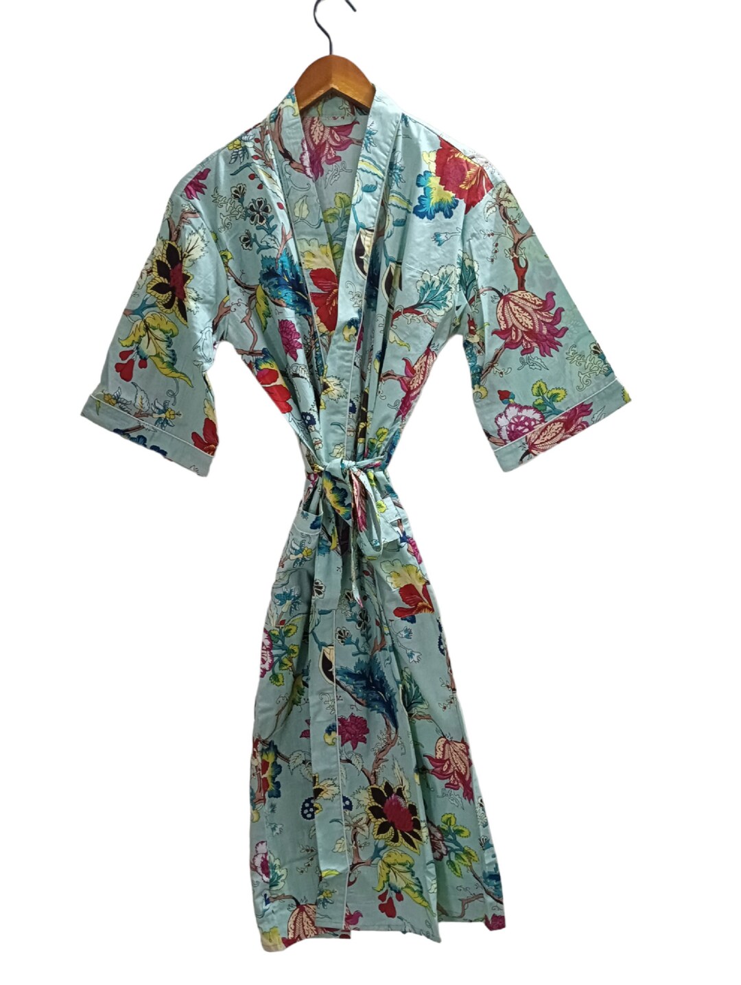 Beachwear Floral Cotton Kimono Beige Color Long Gown Robe Kimono Duster Robe main image 1