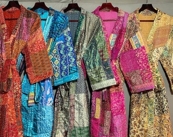 Robes de kimono sari kantha en soie vintage pour amoureux des robes de chambre recyclées, cadeau pour femme, veste kimono, veste kimono