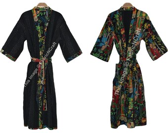 Accappatoio con stampa floreale, vestaglia Kantha reversibile fatta a mano in puro cotone, kimono di cotone, costumi da bagno, vestaglia da notte taglia libera colore nero