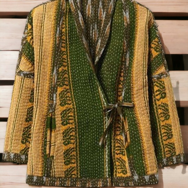 Indian Vintage Kantha Quilt Hand Crafted Cotton Long Boho, Hippie, lightweight Women Long Coat Ladies Winter Jacket