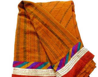 Indian Vintage 100% Pure Crepe Silk Sari Orange Color Floral Printed Saree Crafting 5 Yard Dressmaking Sari Fabric