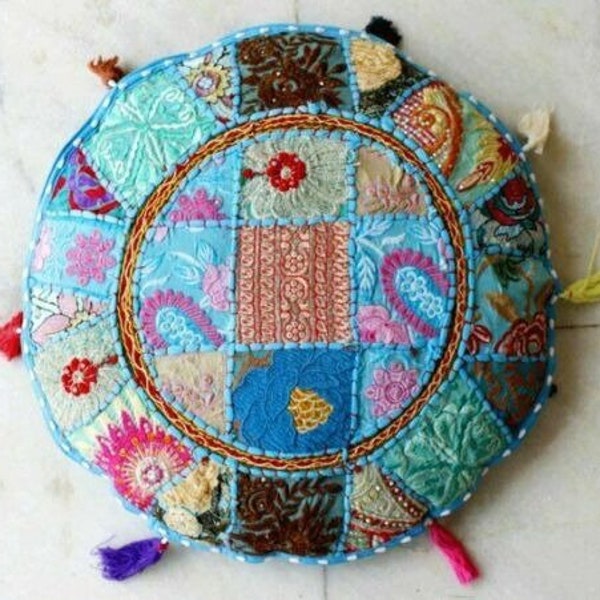 Aqua Patchwork Khambadiya 16"Round Cushion Cover Pillow Cotton with Sequin & Beads Indian Bohemian Throw Couch Sofa Cover Handmade Décor