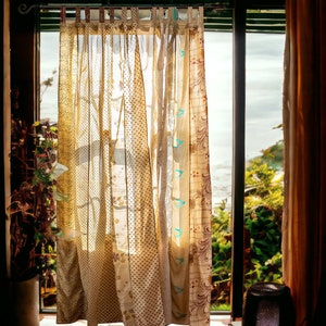 EXPRESS SERVICE of Indian Vintage Old Silk Sari Fabric Made Theme Patchwork color Curtain Door Window Curtain Home Room Door Window Curtain Beige