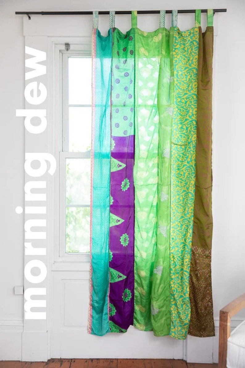 EXPRESS SERVICE of Indian Vintage Old Silk Sari Fabric Made Theme Patchwork color Curtain Door Window Curtain Home Room Door Window Curtain Green