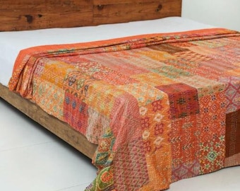 Indian Kantha Silk Khambadiya Patchwork Bedspread Quilts Bedding Bedspread Throw Blanket King Size Gudri Orange Color Sofa Throw Blanket