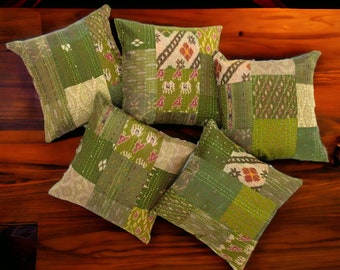 Ethnic Pillow, Boho Pillow, Vintage Handmade Pillow, Aqua Kantha Decorative Throw Pillow Set, Indian Sari Silk Cushion Cover, Accent Pillow