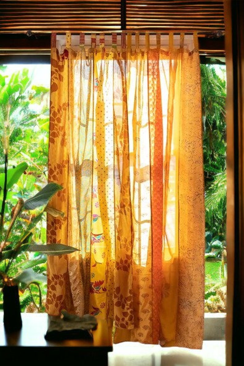 EXPRESS SERVICE of Indian Vintage Old Silk Sari Fabric Made Theme Patchwork color Curtain Door Window Curtain Home Room Door Window Curtain Yellow
