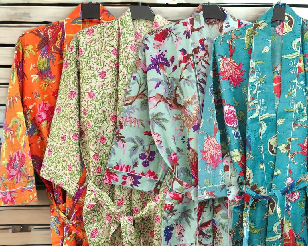 Cotton Kimono Robes, Wrap Dress Long Bathrobe, Floral Print Women ...
