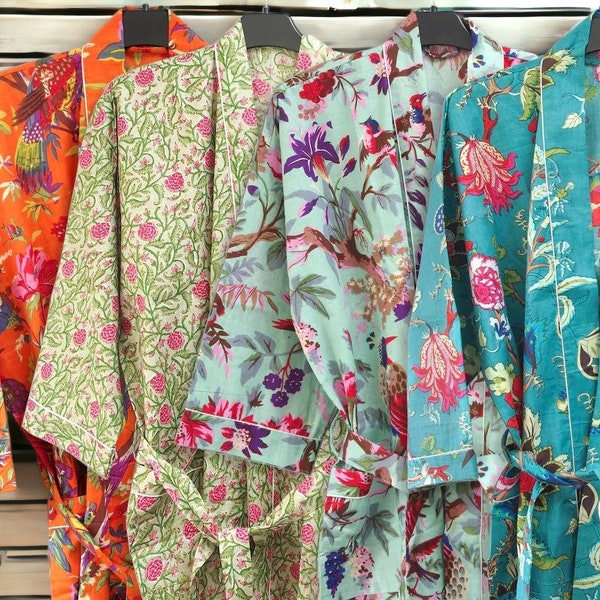 Cotton Kimono Robes, Wrap Dress Long Bathrobe, Floral Print Women Kimono, Dressing Gown House Coat Robe, Soft and Comfortable Bath Robes