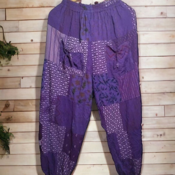 Sarouel violet en patchwork avec poches, sarouel hippie bohème en rayonne, pantalon d'été, vêtements de festival, sarouel unisexe super confortable avec poche