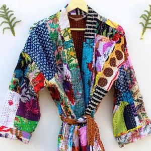 EXPRESS SHIPPING- Kantha Cotton Multicolor Patchwork Coat, Bath Overcoat, Cotton Kantha Coat, Women's Jacket, Kantha Kimono