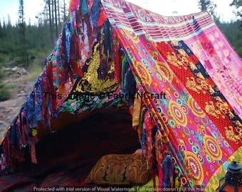 Indian Vintage Old Silk Sari Recycled Multi color Handmade Patchwork Witchy Gypsy Woman Boho tent hippie patchwork Glamping Decor Bohemian