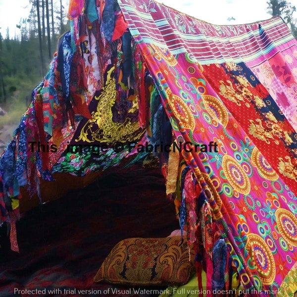 Indische Vintage alte Seide Sari recycelt mehrfarbige Handarbeit Patchwork Witchy Zigeunerin Boho Zelt Hippie Patchwork Glamping Dekor Boho