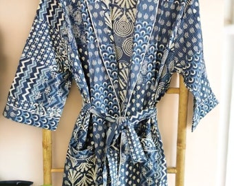 handgemachte Kimono Robe aus Baumwolle, Kimono Robe der Frauen, Hausmantel der Frauen, Vintage-Stil Robe, Pfau-Design, Geschenke für sie, einzigartiges Geschenk