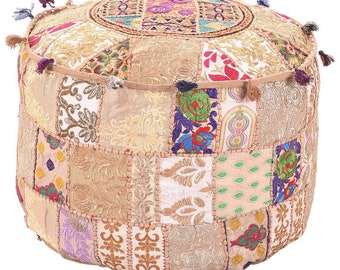 Indian Patchwork Round Ottoman Pouf Cover 22'' Decorative Ottoman Cover Embroidered Bean Bag Sitting Pouf Cover For Home Decor