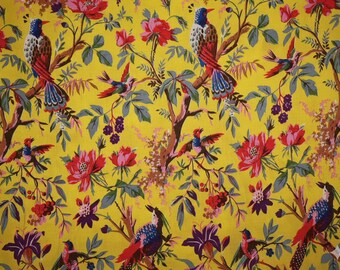 Yellow Bird Print Cotton Fabric, Sewing Kimono Fabric, Dressmaking banyans Fabric, Indian Fabric By The Yard, Craft Fabric, Robe Fabric