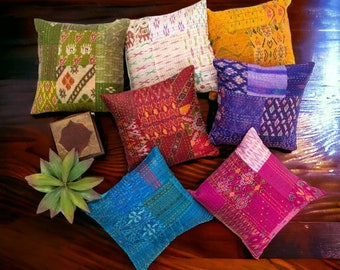 Vintage Handmade Pillow, Indian Sari Silk Cushion Cover, Ethnic Pillow, Boho Pillow, Aqua Kantha Decorative Throw Pillow Set, Accent Pillow
