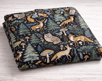 Tela con animales del bosque - Flora y fauna del bosque - Tela de algodón negra, tela para vestidos indios, tela suave con temática de costura