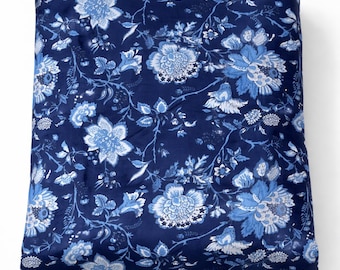 Soft Cotton Fabric Blue Floral Print, Hand Screen-Printed Indian Cotton Fabric by the Yard, Lightweight Floral Sewing Fabric for Dresses