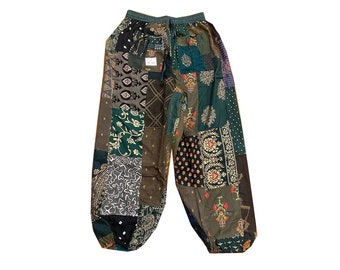 Patchwork Green Harem Pant with Pockets, Hippie Boho Rayon Harem Pant Summer Pant Festival Clothing Super Comfy Unisex Harem With Pocket