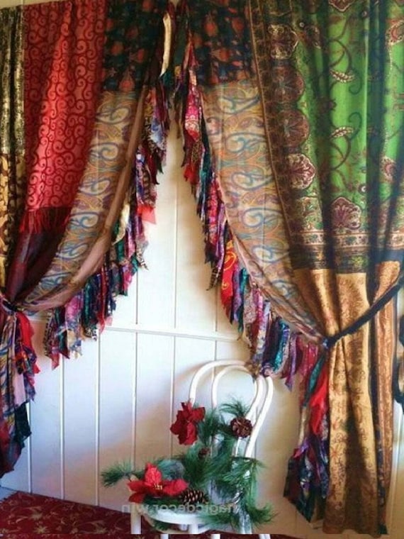2 Pc Of Indian Vintage Old Silk Sari Multi Color Handmade Uk 2 Pc Of Indian Vintage Old Silk Sari, Indian Silk Curtains Uk