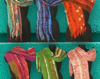 5 Pcs Of Vintage Silk Sari Recycle Fashion Handmade Scarf Wraps Patchwork Stole Scarves 10x70 Size Summer Season Scarfs