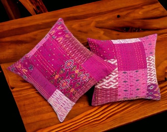 Aqua Kantha Decorative Throw Pillow Set, Indian Sari Silk Cushion Cover, Vintage Handmade Pillow, Ethnic Pillow, Boho Pillow,Home Decor Item
