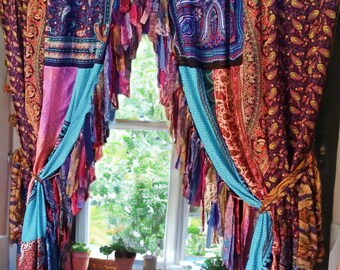 Indien Vintage Vieux Soie Sari Multi couleur À La Main Patchwork Rideau Porte Drapé Fenêtre Décor À La Maison Recyclé Rideau