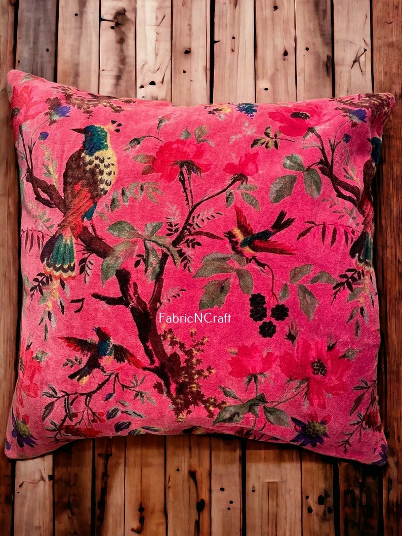 Dark pink OFMD breakup robe fabric Bohemian style cotton velvet birds design cushion pillow cover image 4