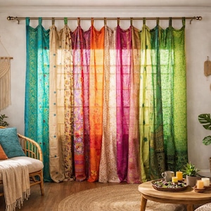 5 pezzi di tende in seta patchwork stile boho, decorazioni indiane fatte a mano per finestre.