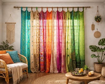 5 Stück Boho Patchwork Seide Sari Vorhang, Handgefertigte Indische Fensterdeko