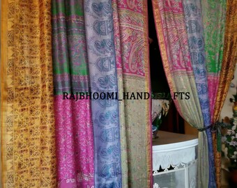 2 pièces de sari en soie ancienne indienne vintage multicolore fait main en patchwork porte bohème drapé fenêtre décor à la maison rideau recyclé