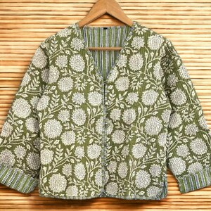 Green And White Quilted Collar Jacket Women Wear Stripe piping HandMade Vintage Quilted Jacket , Coats , New Style, Boho double side wear,