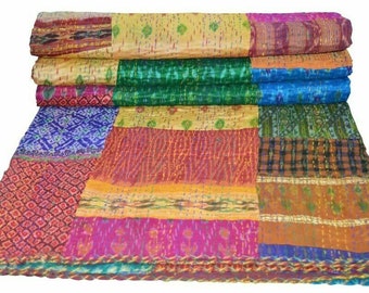 Vintage Kantha Patola Silk Handmade Quilt, Bohemian Indian Patchwork Coverlet Queen Size Bedspread Blanket Bedcover Home Decorative Bedding