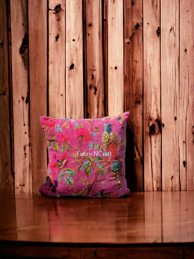Dark pink OFMD breakup robe fabric Bohemian style cotton velvet birds design cushion pillow cover image 3
