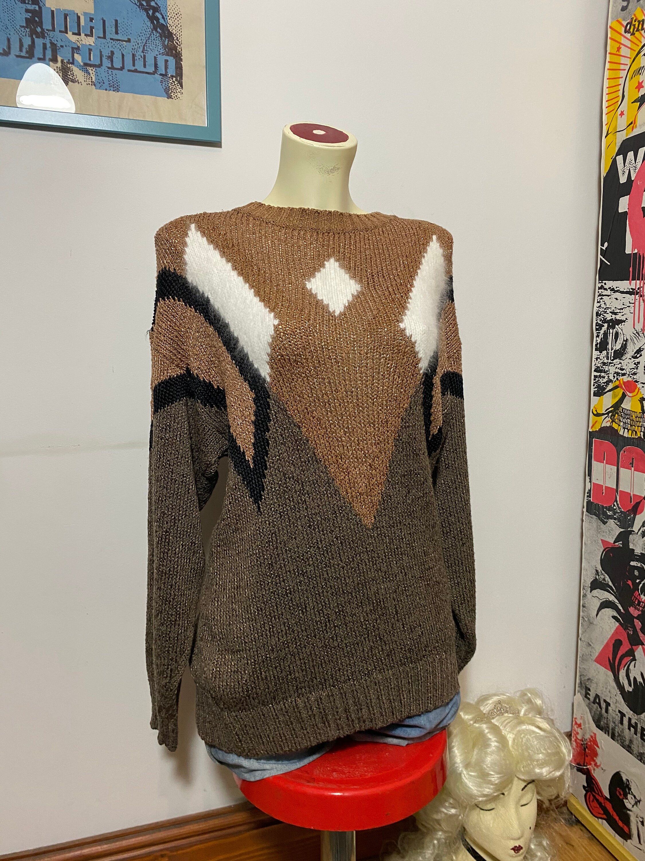 1980s Jumper in Copper and Brown with White and Black Diamond Detailing ...