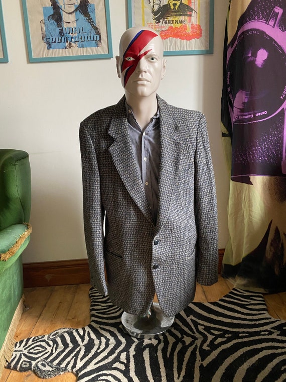 Vintage Harris Tweed Jacket Blazer in Blue and Grey Tweed for 42